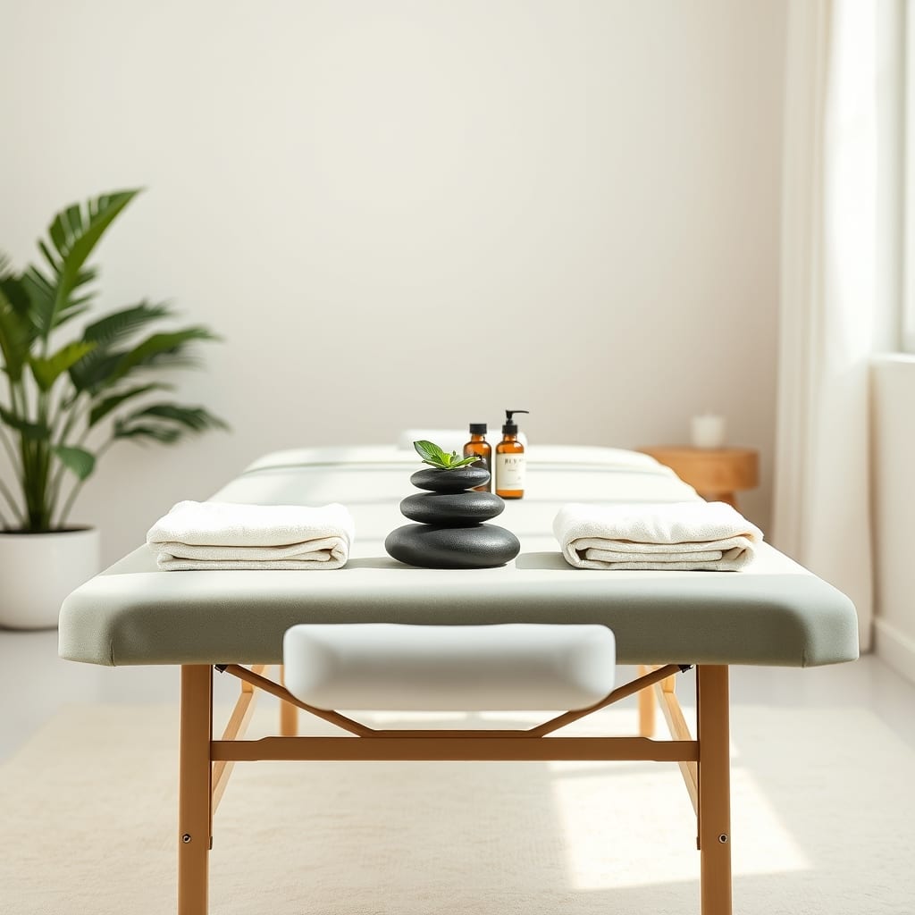 Mobile massage table set up in a calm room